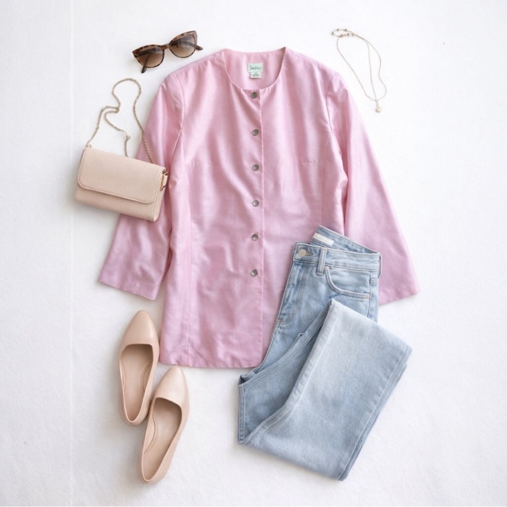 100% Silk Pink Blazer Neiman Marcus Minimalist Luxe Jacket Size 6/8 NWT